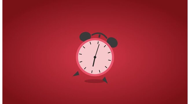Animated alarm clock ticking and jumping on red animation