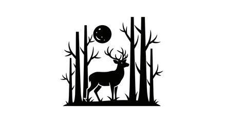 Deer stands motionless within a dense forest of dark trees under a full moon in a serene night scene. © yanto