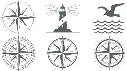 Nautical, weather icon set with marine symbols, ocean navigation elements, sun, rain, wind, and storm graphics suitable for travel apps, sailing guides, and coastal themed visual design. © Dalim 7