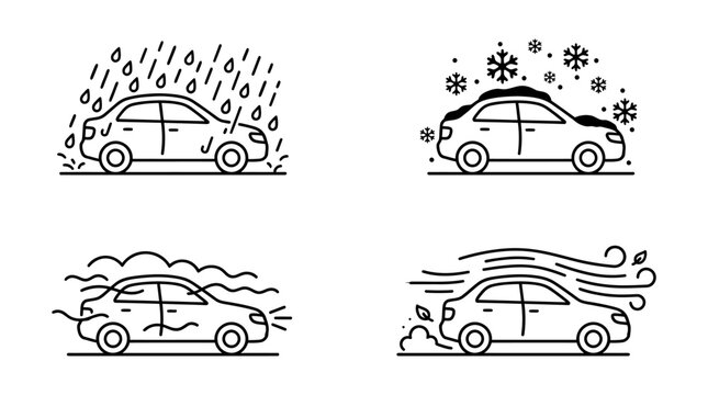 Four weather conditions affecting a car in a line art style