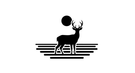 Deer stands gracefully in a stylized landscape beneath a dark moon in this minimalist graphic design. © yanto
