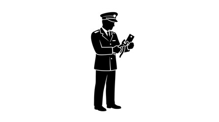 Policeman in a traditional uniform stands while checking equipment or reviewing a document carefully. © yanto