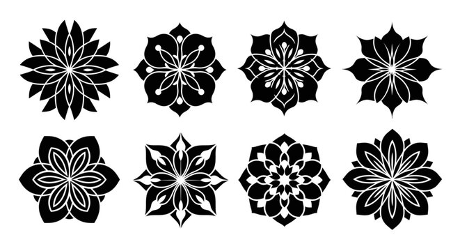 Set of Eight Black Mandala Designs, Geometric Floral Patterns