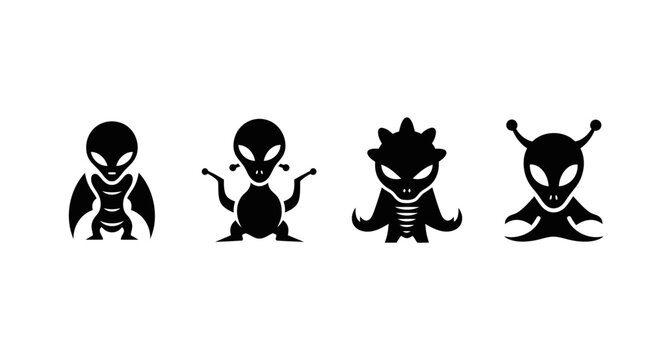 Set of Four Alien Icons, Sci-Fi Characters, Extraterrestrial Symbols, Vector Graphics