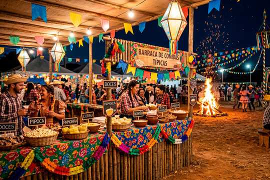 Festa Junina celebration with traditional food stall and bonfire in Brazil
