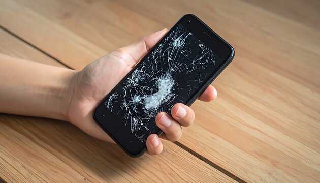 Cracked smartphone screen in hand.