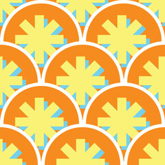 Seamless geometric pattern with orange semi-circles and yellow stars © BERLANS