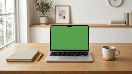 Fototapeta premium Clean wooden desk setup featuring a laptop with a green screen chroma key, a cup of coffee, and a notebook in a bright home office.