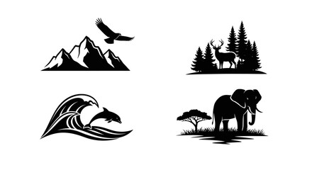 Obraz premium Wildlife Silhouettes: Eagle, Deer, Dolphin, Elephant, Mountains, Forest, Ocean Waves