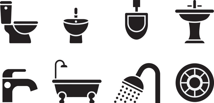 Bathroom, fixtures icon set featuring toilet, urinal, sink, faucet, bathtub, shower, and drain symbols isolated on white background in clean vector style ideal for plumbing and interior design project