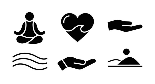 Wellness Icons Set: Meditation, Heart, Hands, Waves, Care, Balance