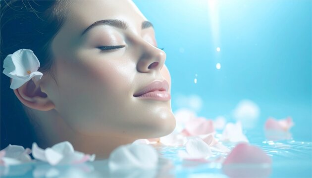 Beautiful young Caucasian woman with dewy skin in water with flower petals, skincare concept