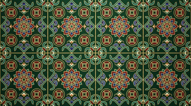 Intricate korean pattern dancheong floral and geometric ornament on dark green background