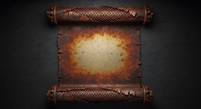 Blank rusty metal scroll frame on dark background