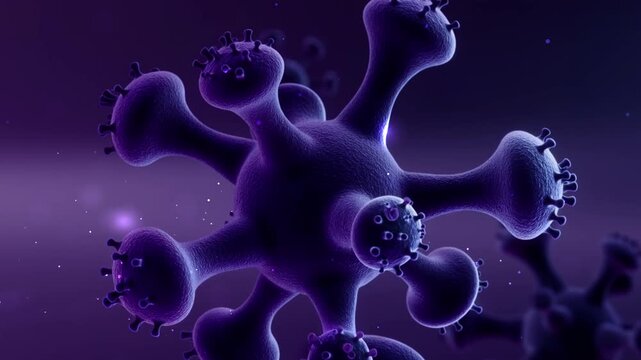 Purple spherical virus particle with spike proteins, a biological structure model for medical science education and research purposes. Suitable for presentations. 