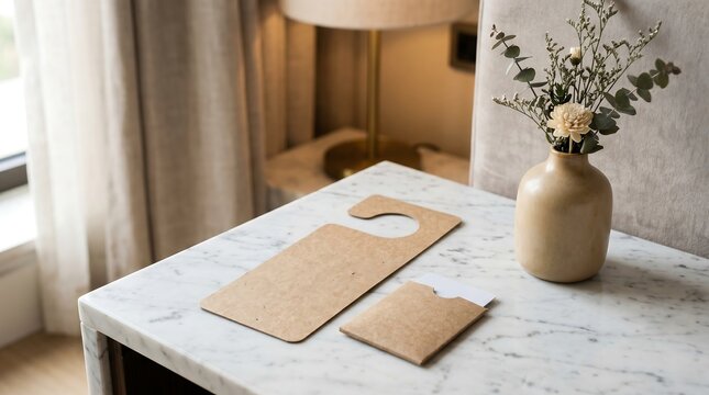 Blank brown cardboard door hanger and key card holder mockup on a white marble table in a modern hotel room.