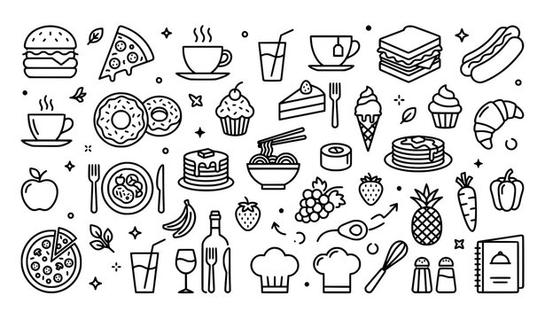 Creative food outline vector icon set with minimalist dining symbols