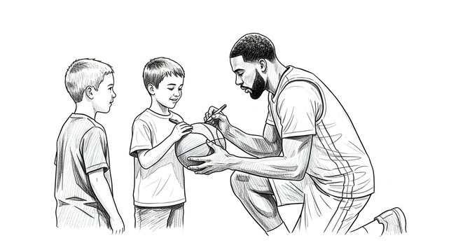 Basketball coach teaching young boys how to dribble properly.