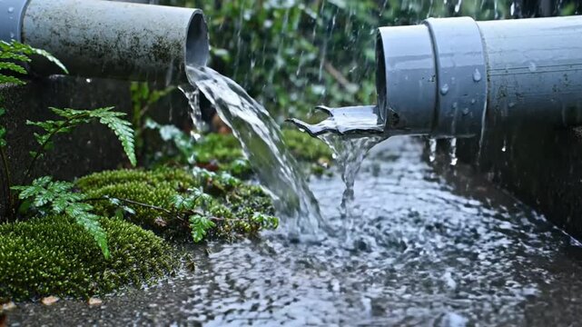Rainwater flowing from two grey pipes into a shallow, mossy drainage area creating a natural water feature