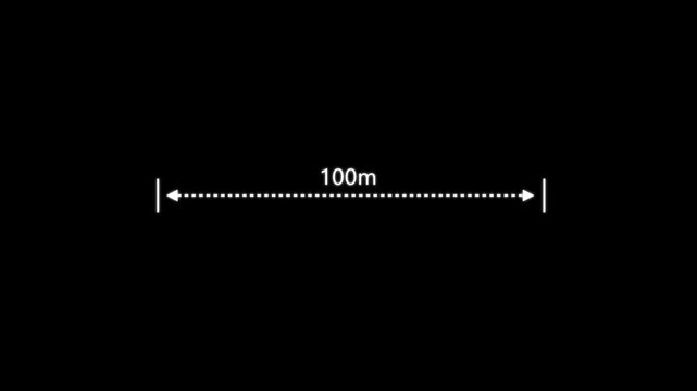 Measuring distance length dotted line animation. A dotted line representing a 100 meter measurement for design and layout purposes.