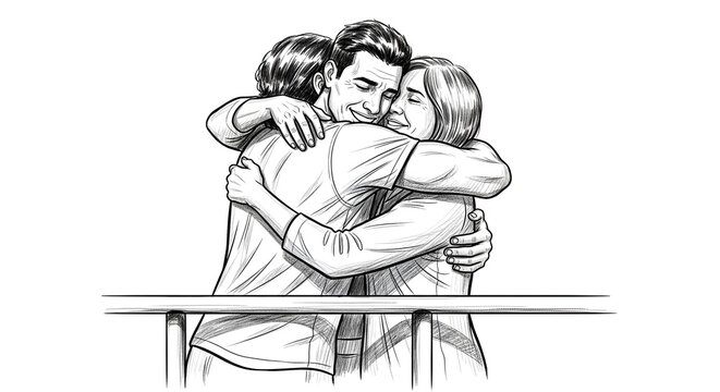 Heartfelt group hug showing emotional support and unity together.
