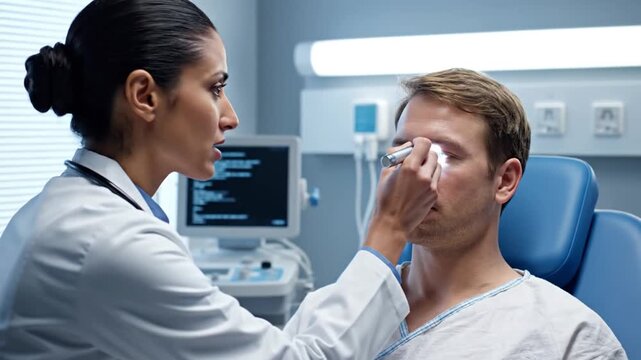 Medical Professional Examining Patient's Vision with Eye Test Flashlight In Clinic