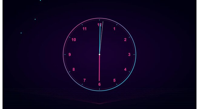 Neon digital clock animation with moving hands on animation