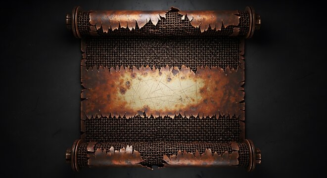 Ancient metallic scroll with rusted texture and torn edges