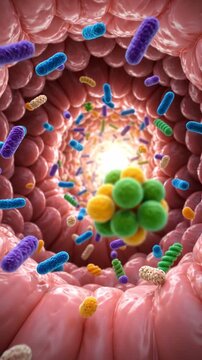 Colorful prebiotics feeding good bacteria concept human gut microbiome tunnel for digestion health nutrition wellness support, vibrant medical illustration of intestinal flora microbiome