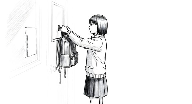 Young girl hanging her backpack on wall hook indoors.