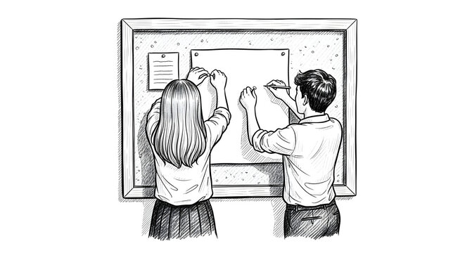 Two students writing together on a whiteboard in classroom.