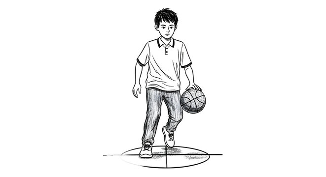Young boy dribbling a basketball in casual attire.