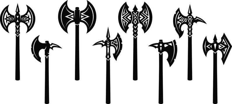 Collection of stylized double‑headed battle axe designs with geometric blades, tribal motifs, and black handles for fantasy artwork and cultural themes