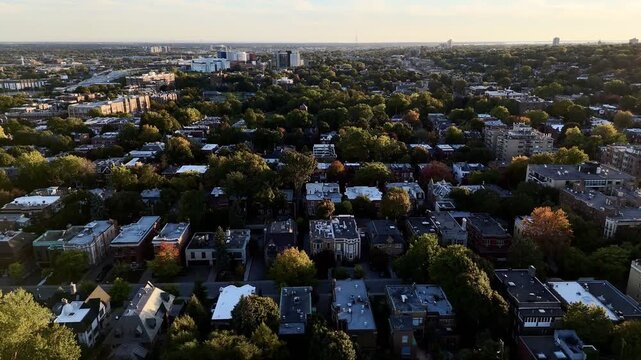 Montreal, Quebec, Canada - Aerial sunset view of Westmount Park United Church and surrounding neighborhood. g.