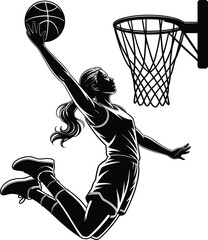 Female basketball player jumping for dunk near hoop silhouette design. © Mst Insanara Begum