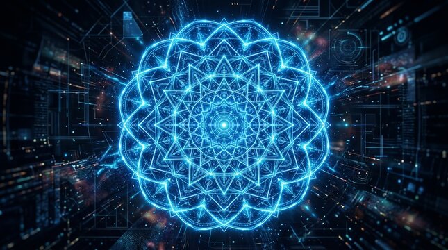 Futuristic glowing blue digital mandala with complex geometric patterns