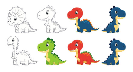 Fototapeta premium Colorful cartoon dinosaur illustrations side view.