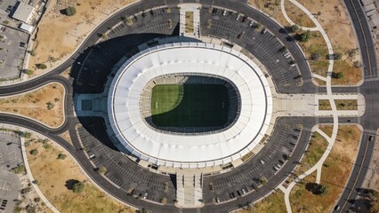 Obraz premium Ultra Realistic Vertical Aerial Satellite View of Modern Oval Football Stadium and Urban Infrastructure