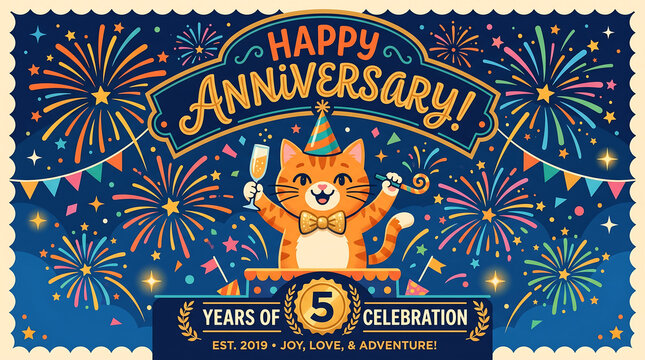 Cute Orange Cat with Bow Tie Happy Anniversary Festive Banner