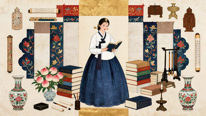 Traditional Korean minhwa folk art illustration of hanbok woman reading book with peaches scrolls vases and scholarly objects, oriental scholar art concept folk illustration with copy space
