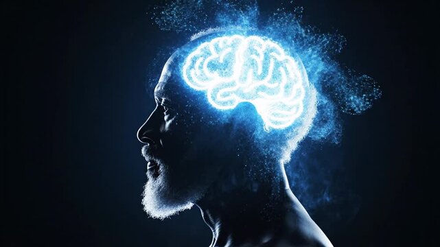 Profile of an elderly man with a white beard is illuminated by a glowing blue brain icon floating above his head.