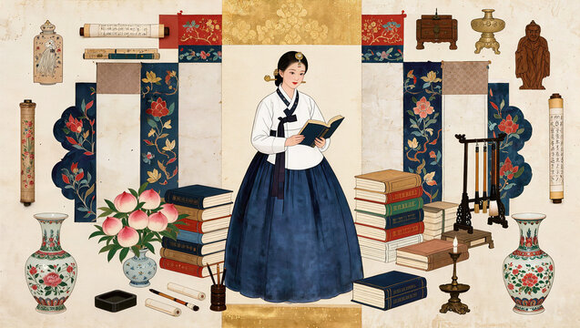Traditional Korean minhwa folk art illustration of hanbok woman reading book with peaches scrolls vases and scholarly objects, oriental scholar art concept folk illustration with copy space