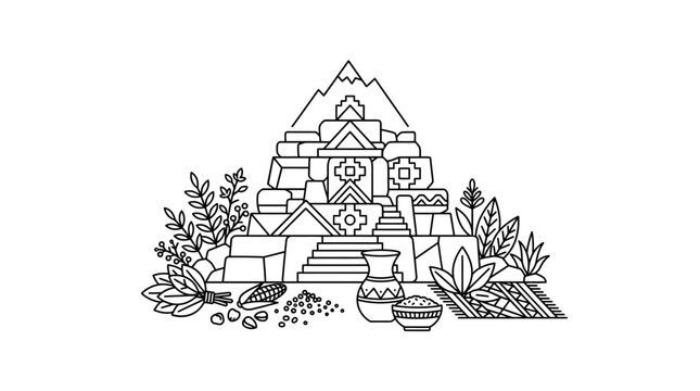 Inca Civilization Ancient City Illustration with Mountains and Vegetation