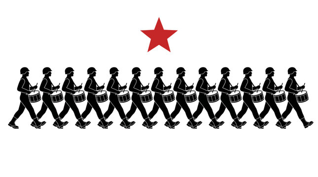 Marching Band Drumline Silhouette with Red Star