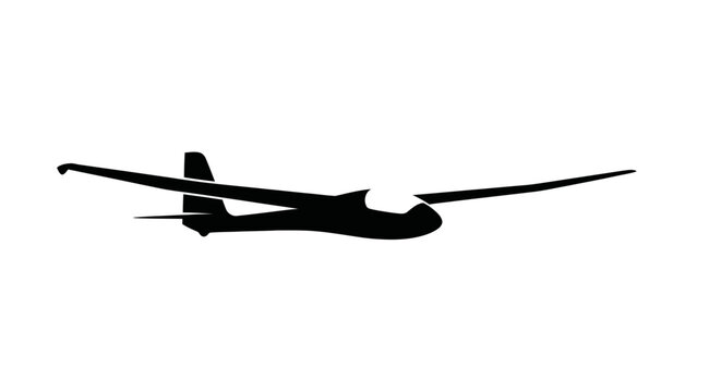 Silhouette of a glider airplane in flight against a white background