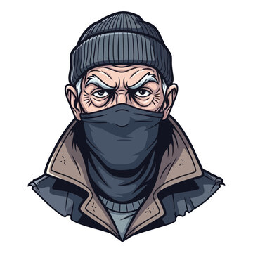 Grumpy Old Man Wearing Beanie and Face Mask, Suspicious Look