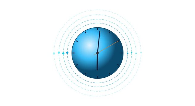 Blue minimalist clock with orbiting data rings animation