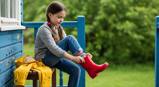 Girl putting on red rain boots on a blue porch during rain
