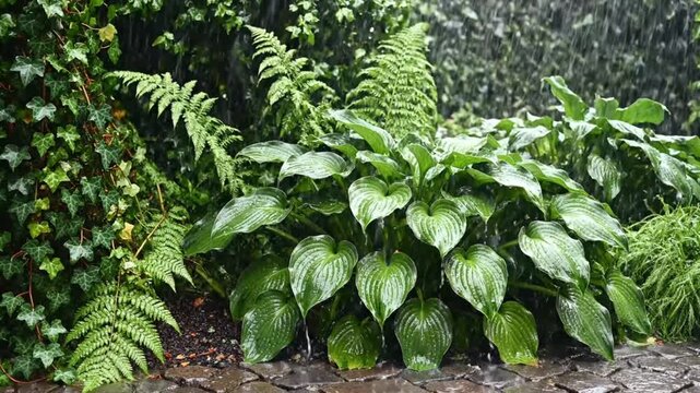 Rain falling on lush green hosta plants in a vibrant garden, creating a soothing natural scene