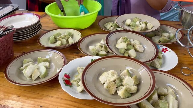 A row of sliced ​​lontong ready for a traditional dish